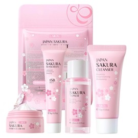 Set De Viaje Sakura Para El Cuidado De La Piel Para Adolescentes: Rutina Facial Para Mujeres, Kit De Viaje De 4 Piezas Con Limpiador, Tónico, Protector Solar Y Crema Facial