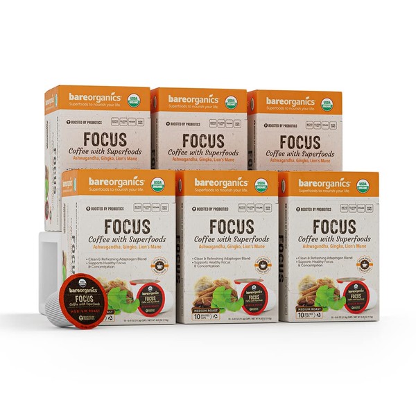BareOrganics Focus Coffee Pods With Superfoods & Probiotics | Keurig K-Cup Compatible | USDA Certified Organic, Vegan, Non-GMO & Recyclable Single Serve 10ct (Pack of 6)