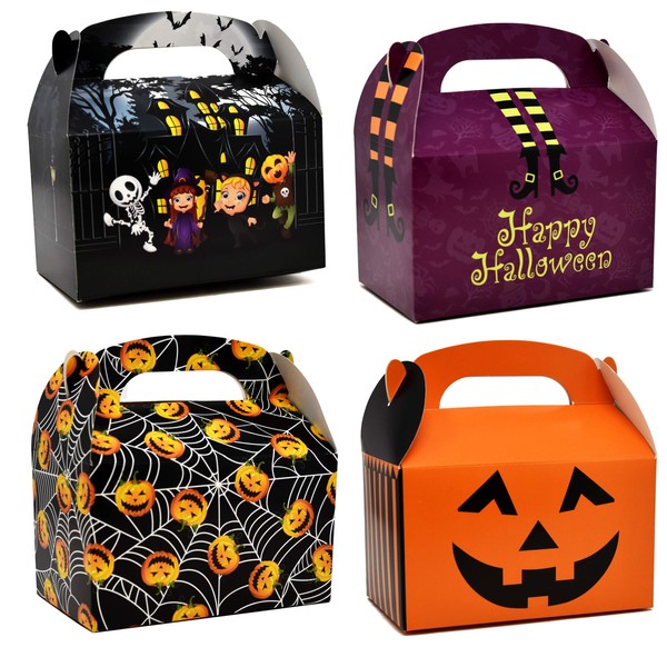 48 3D Halloween Cardboard Trick or Treat Boxes Haunted House Gable Boxes for School Classroom Party Favor Supplies Spider Web Witches Legs Jack-o-Lantern Pumpkin Candy Goodie Cookie Box Gift Boutique