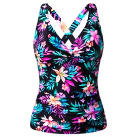 Traje de baño tankini para mujer, solo con control de barriga, parte superior de natación con parte delantera y espalda cruzada 2025, Diseño floral colorido, M