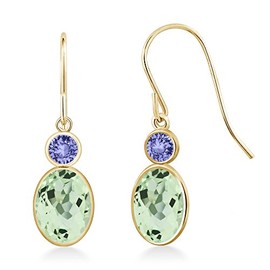 Gem Stone King 14K Yellow Gold Green Prasiolite and Blue Tanzanite Hook French Fish Ear Wire Dangle Earrings For Women 2.24 Cttw, Gemstone Birthstone, Oval 7X5MM, Round 3MM