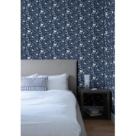 Elana Gabrielle - Peel and Stick Designer Wallpaper, Premium Floral Wallpaper for Bedroom, Powder Room, Kitchen, Self Adhesive, Vinyl, 30.75 Sq Ft Coverage (Birdsong Collection, Baltic Blue)