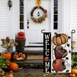Fall Football Welcome Garden Flags 12x18 Inch Vertical Double Sided, Pumpkin Autumn Sports Game Day Sign Thanksgiving Seasonal Yard Outside Decor DF330