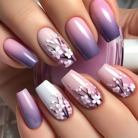 Medium Press on Nails Purple Gradient Fake Nails Coffin Shaped Glue on Nails Spring Summer False Nails with Plant Flower Pattern Designs Reusable Acrylic Artificial Nails for Women 24Pcs