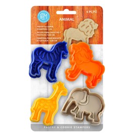 R&M International 0498 Animal Collection A 2" Pastry/Cookie/Fondant Stampers, Giraffe, Zebra, Lion, Elephant, 4-Piece Set