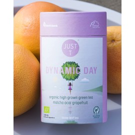 JUST T Dynamic Day Loser Tee, 125g | Bio Grüner Tee – Gemischt mit Acai und Grapefruit | Bio Loser Tee – Biologisch Hochland-Tee im Nachhaltigen Vorratsdose für alle Teeliebhaber