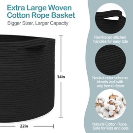 MEGASKET Large Black Blanket Basket, 22" X 22" X 14" Woven Rope Bin for Storage, Kids Dog Toy Storage Box Organizer Bins, Blanket Holder for Living Room, Decorative Wicker Basket for Organizing