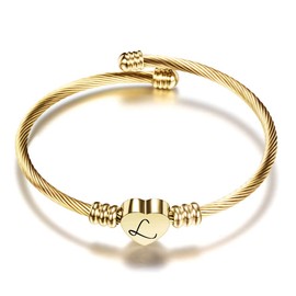 VQYSKO Bracelet with Initial, Heart Charm, Women’s, Girls’ Engraved Stainless Steel Charm Bracelet, 18 cm Chain, 5 Colours, L, gold