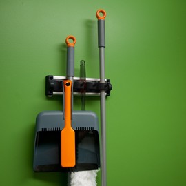 Casabella Grook 13.5" Wall-Mount Broom and Mop Holder, Medium, Black/Silver