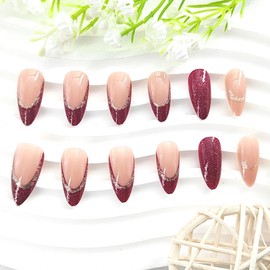 Medium Press on Nails Almond Burgundy French Tip Fake Nails Press ons Silver Glitter Glue on Nails Nude Full Cover Acrylic Nails Glossy Artificial Stick on Nails for Women 24Pcs