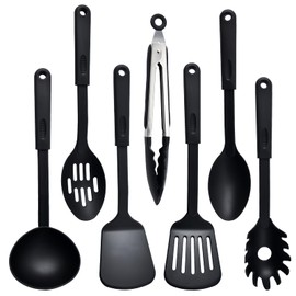 Anseom Kitchen Utensil Set, 7-Piece Nylon Kitchen Utensils Set, Dishwasher Safe Cooking Cutlery Set, Heat Resistant Cookware, Non-Stick Cooking Set, Kitchen Utensils, Kitchen Accessories, Black