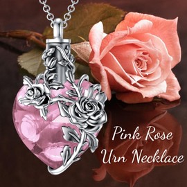 PELOVNY Rose Urn Necklaces for Ashes for Women 925 Sterling Silver Pink Rose Heart Crystal Necklace Cremation Jewelry for Mom Wife Girlfriend Her