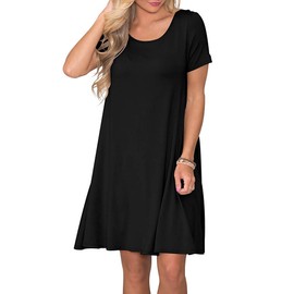 WNEEDU Women's Pockets Summer Casual T Shirt Dresses Swing Simple Dress Black M