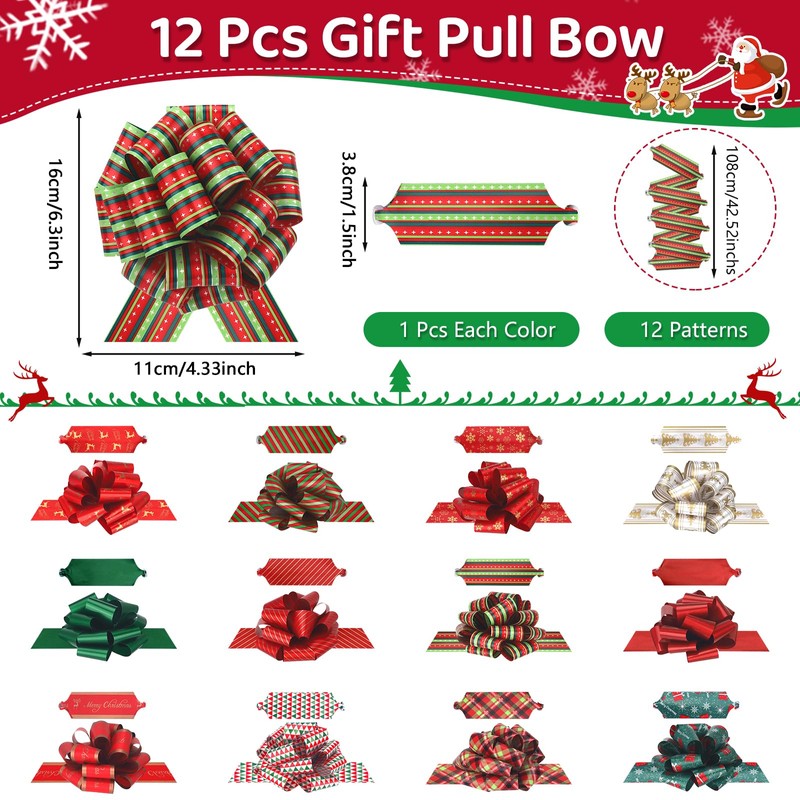 12 Pcs Christmas Bow for Gift Wrapping Presents Wrap Ribbon