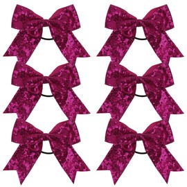 Metallic Sequin and Holographic 6 Inch Cheer Bow Cheerleader Cheerleading Jumbo Cheer Bow Hair Tie Hair Bow School… (Hot Pink)