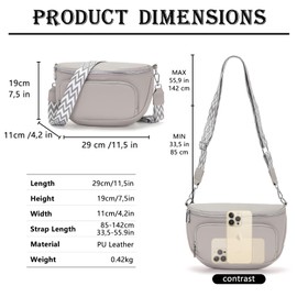 Boadlol Large Bum Bag Women's Shoulder Bag Crossbody Bag Shoulder Bag Chest Bag Lightweight with Multiple Compartments Adjustable, lightgrey