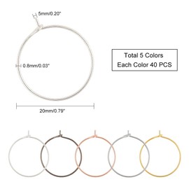 PandaHall Elite 200 pcs 5 Color 20mm Brass Round Hoop Earrings Wire Hoops Wine Glass Charm Rings Beading Hoop for DIY Craft Making Party Favors