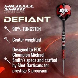 Shot! Darts Steel Tip, Michael Smith Defiant (23g/24g/25g/27g), 90% Tungsten Barrel, Center Weighted, Handcrafted Professional Dart Set & Flights Made in New Zealand, Metal Tip for Bristle Dartboard
