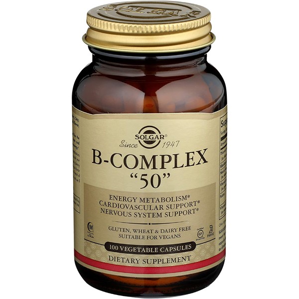 Solgar B-Complex “50”, 100 Vegetable Capsules - Energy Metabolism, Cardiovascular Support, Nervous System Support - Non-GMO, Vegan, Gluten Free, Dairy Free, Kosher, Halal - 100 Servings