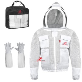 3 Layer Bee Jacket with Fencing Veil and One Pair of Gloves Ventilated Beekeeper Jacket (White, 2X-Large)