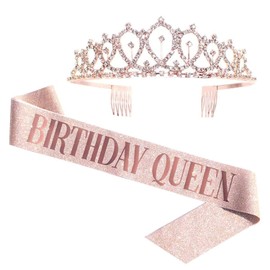Birthday Queen Sash & Rhinestone Tiara - Rose Gold Birthday Gifts Glitter Birthday Sash Birthday Party Favors