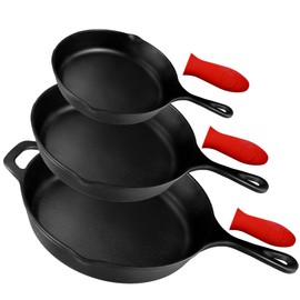 Pre-Seasoned Cast Iron Skillet Set of 3 | 6", 8" & 10" Cast Iron Frying Pans with 3 Heat-Resistant Holders - Indoor and Outdoor Use - Oven Grill Stovetop Induction Safe Cookware