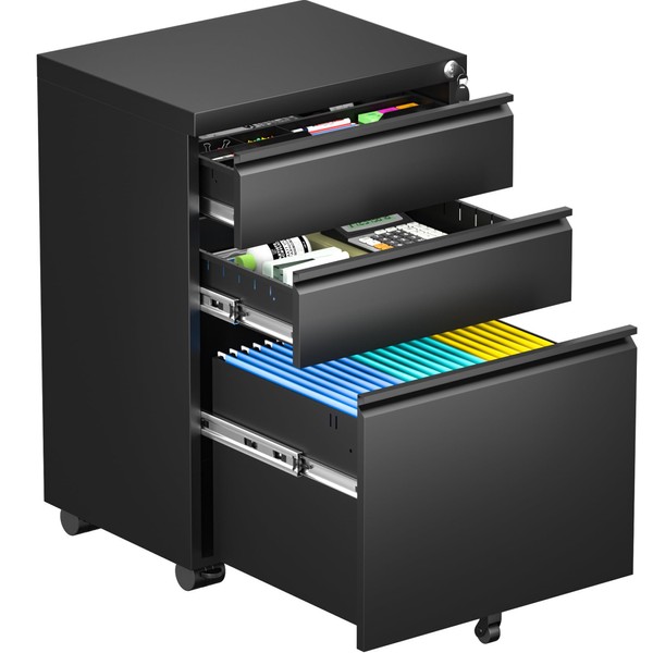 Bonusall Black File Cabinet, 3 Drawer Mobile File Cabinet with Lock and Wheels, Under Desk Metal Filing Cabinet for Office， Rolling Cabinet with 2 Keys for Legal/Letter/A4 Size, Fully Assembled （B）