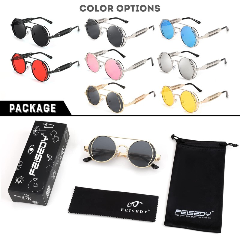 FEISEDY Retro Round Steampunk Sunglasses Lennon Hippie Glasses Metal Frame