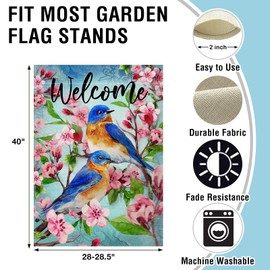 Artofy Welcome Spring Summer Bluebird Large Decorative House Flag, Birds Pink Floral Flower Yard Garden Outside Decor, Seasonal Burlap Outdoor Home Decoration Double Sided 28 x 40