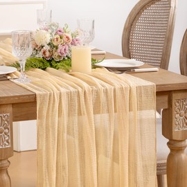 Jimtx 1 Pack Champagne Gold Mothers Day Table Runner 120 inches 10FT Long Boho Rustic Gauze Cheesecloth Table Runner for Spring Wedding Baby Bridal Shower Birthday Graduation Mothers Day Home Decor