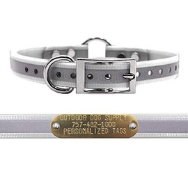 Outdoor Dog Supply's 3/4" Wide Reflective Ring in Center Dog Collar Strap with Custom Brass Name Plate (19" Long, Reflective White)