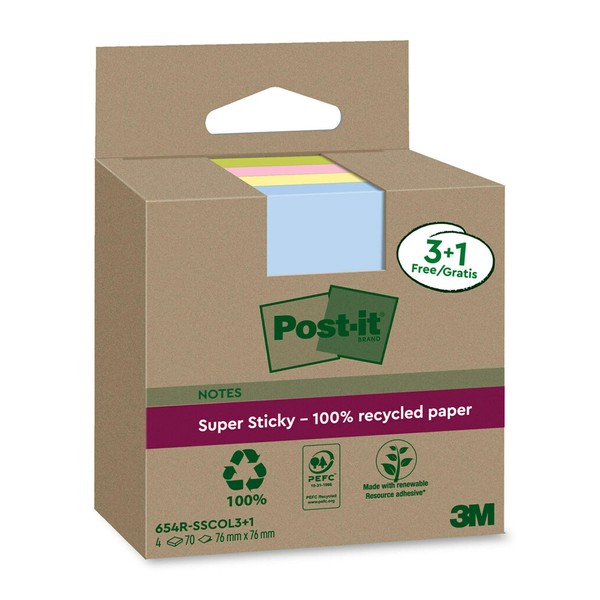 Post-it Super Sticky 100% Recycled Notes, 3+1 FREE Pads/Pack, 70