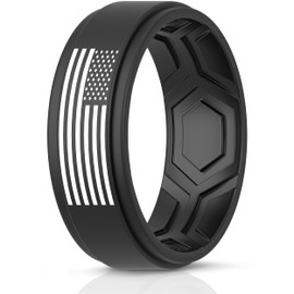 ThunderFit Silicone Wedding Rings for Men, Breathable Airflow Pattern 9mm Wide 2mm Thick - 1/4/5/8 Variety Multipack (Black-Black With Flag - Size 11.5-12 (21.3mm))