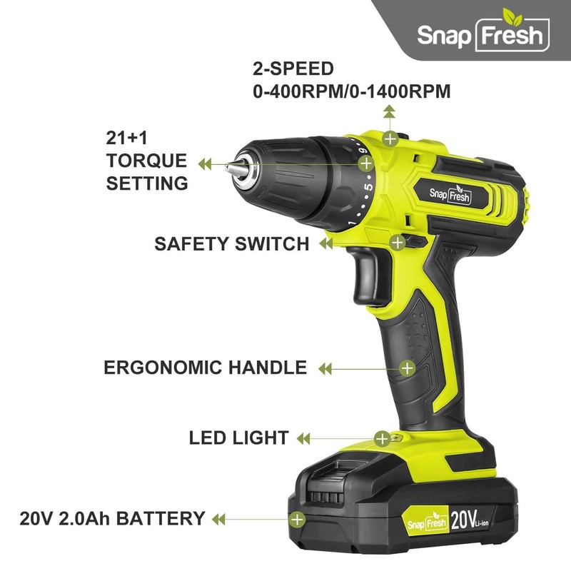 SnapFresh SnapFresh 20V Cordless Drill Set, 3/8" Power Drill with