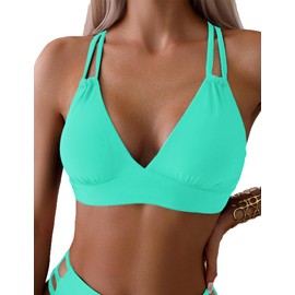 Tainehs Women's Push Up V Neck Bikini Tops Criss Cross Back Padded Bathing Suit Top Only Lake Green