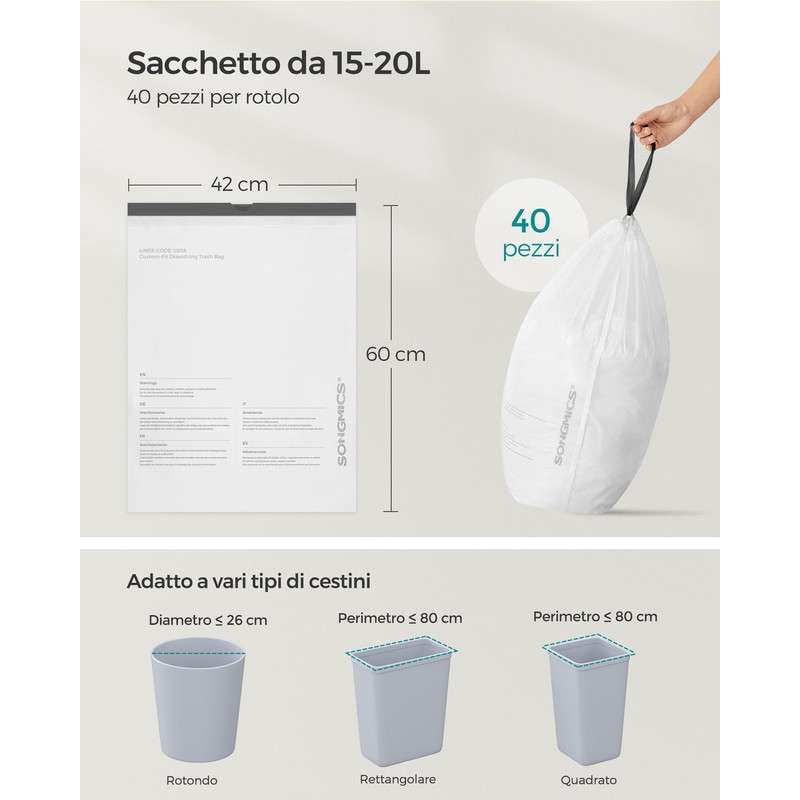 SONGMICS Sacchi Spazzatura con Manici a Cordoncino, 15-20L