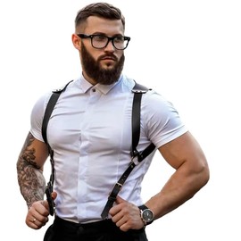 BaronHong PU Leather Renaissance Suspenders,Vintage Men's Back Support Harness,Metal Hooks for Men,Steampunk,Handmade(black,M)