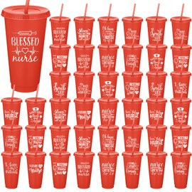 Skylety 48 Pcs Nurse Appreciation Cups 24oz Thank You Tumblers with Lids and Straws Plastic Coffee Mugs Cups Bulk Appreciation Gifts for 2025 Nurse Week (Red)