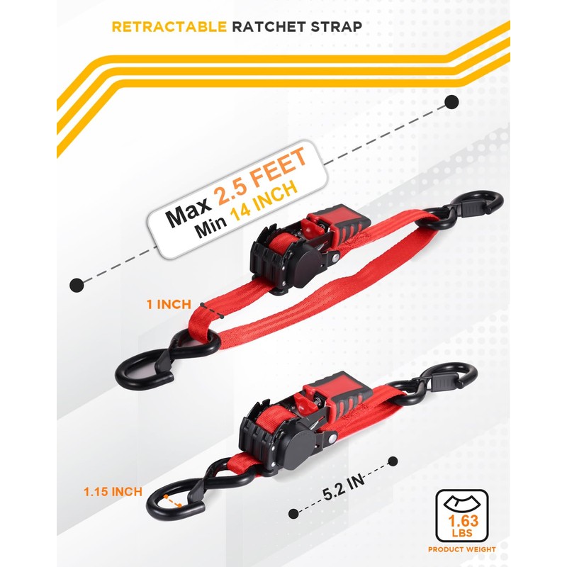 Strapinno Retractable Ratchet Straps - 1 in x 2.5 ft