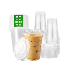 APSIC Clear Plastic Cups with Flat Lids, 50 Sets 16oz (100-Piece) Disposable PET Crystal Party Cups, Ideal for Iced Coffee, Smoothie, Milkshake, Juice, Dessert, To-Go Drinks and Cold Beverages