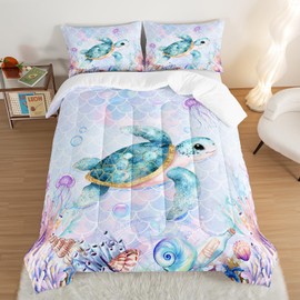 UEVBF Coastal Bedding Sea Turtle Comforter Set Full Size,Mermaid Scale Coral Pattern Comforter for Toddler Kids Girls Room Decor with 2 Pillowcases.