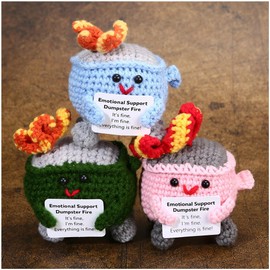 RovyFota Emotional Support Crochet Dumpster Fire with Positive Card Cute Room Decor Knitted Toys Funny Crochet Support Buddies Gifts for Friends (Green&Pink&Blue)