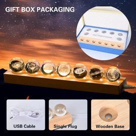 7 Galactic Crystal Ball Décor with LED Wooden Light Stand - 3D Earth Moon Saturn Galactic System 40mm Crystal Sphere Ideal for Decorative Gift