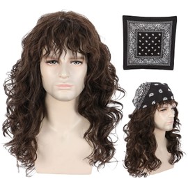 Karlery Men Long Brown Wave Wig with Bandana 80s Heavy Metal Punk Rocker Costume Wig Eddie Wig Cosplay Party Wig