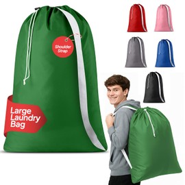 Handy Laundry Bag Shoulder Strap - Drawstring Locking Closure, Durable Nylon Material, Large Capacity, Heavy Duty Stitching - Perfect for Laundromat or College Dorm (Green, 30" x 40")