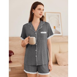 Ekouaer Womens Short Sleeve Pajamas Set Soft Sleepwear Button Down Lounge Set Lace Top and Shorts Pj Nightwear Deep Grey