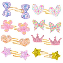 Rnigra Hair clips for Girls 16pcs, Toddler Hair Clips, Sparkly Metal Snap Barrettes for Girls, Flower/Star/Crown/Heart/Butterfly Shaped Styling Accessories, Gifts Suitable for Children and Adults