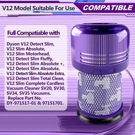 2Pack Replacement V12 Filters for Dyson V12 Detect Slim, Detect Slim Animal, Slim+ Cordless Vacuum and V12 Slim Absolute Vacuums, SV34, SV35 Vacuums,Part No. 971517-01, Purple