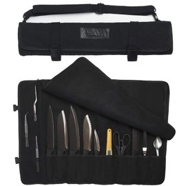 Asaya Canvas Chef Knife Roll Bag - 10 Knife Slots and a Large Zipper Pocket - Durable 10oz Canvas Knife Case with an Adjustable Shoulder Strap - Knives not Included