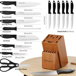 Kitchen 15-Piece Kitchen Knife Set,Sharpener Wooden Block,Serrated Steak Knives,Black